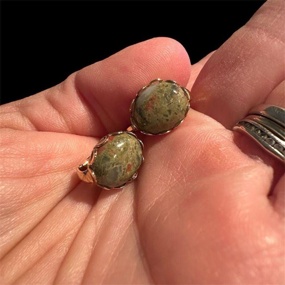 Vintage Clip-on Earrings Green Stone Cabochons, Estate